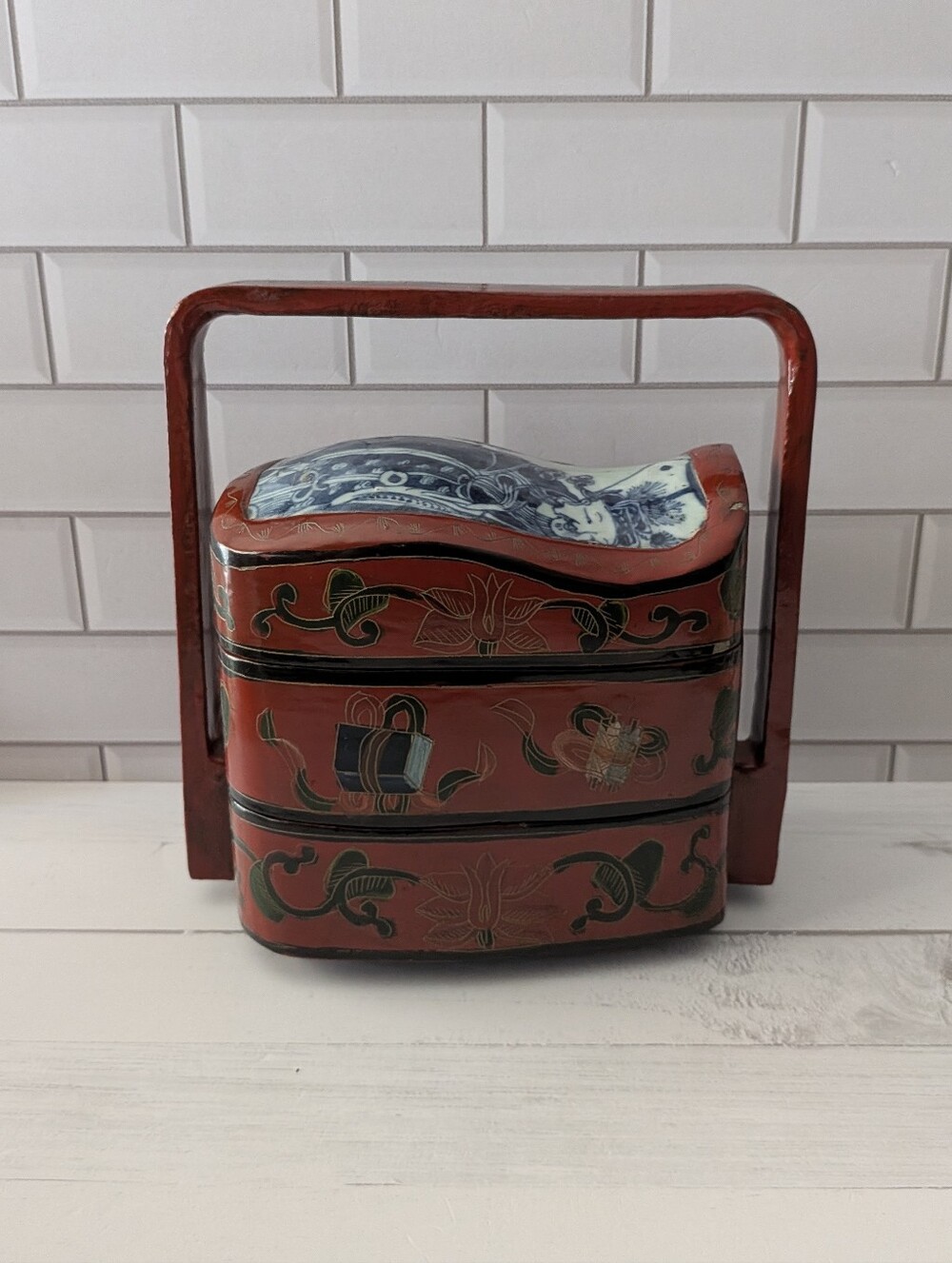 Antique Chinese Wedding Basket, Chinese lunchbox, Porcelain Plaque Insert